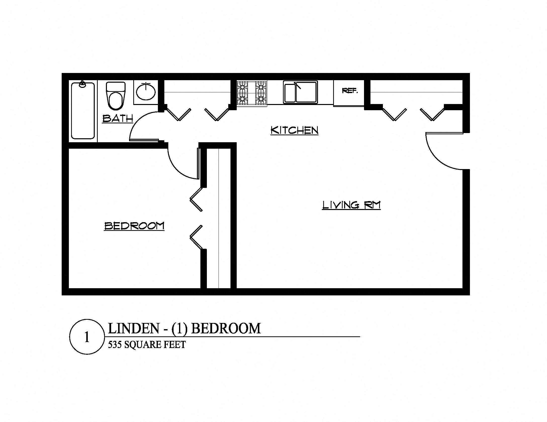 Floor plan for 1 bed, 1 bath, 570 sqft
